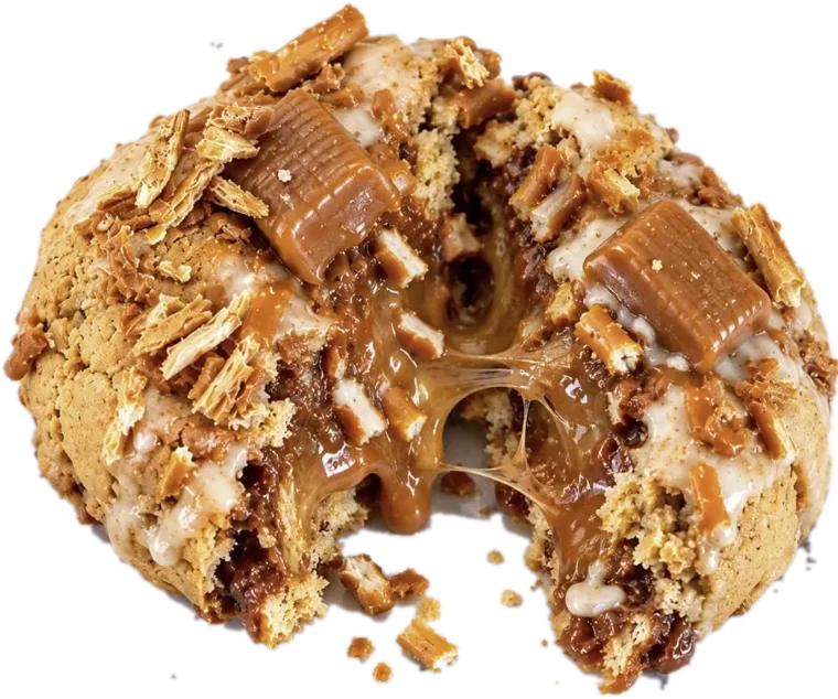 A salted caramel pretzel cookie broken open